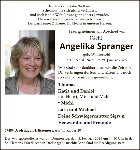 Traueranzeige von Angelika Spranger von HASK