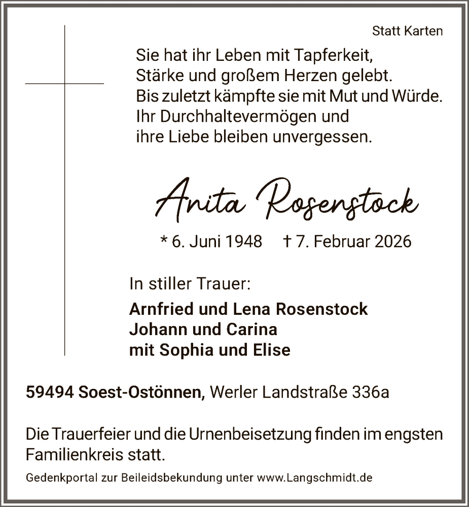  Traueranzeige für Anita Rosenstock vom 10.02.2026 aus HASO