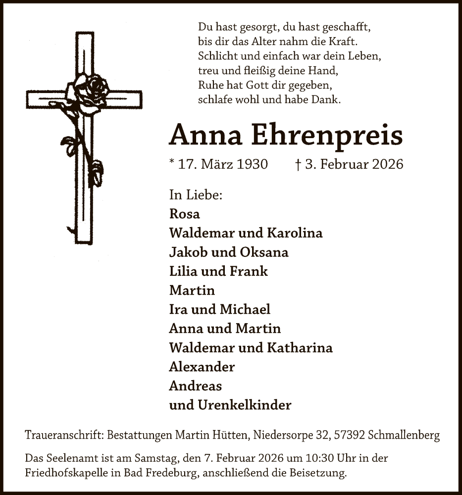  Traueranzeige für Anna Ehrenpreis vom 07.02.2026 aus HASK