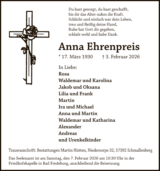Traueranzeige von Anna Ehrenpreis von HASK