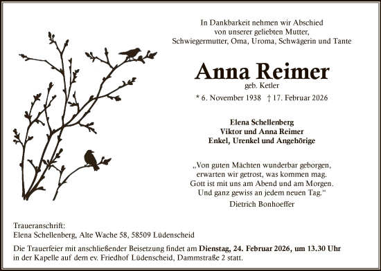 Traueranzeige von Anna Reimer von HALN