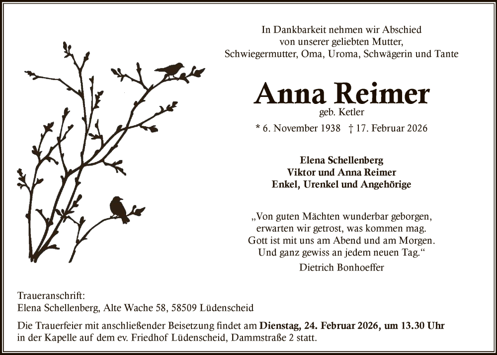  Traueranzeige für Anna Reimer vom 20.02.2026 aus HALN