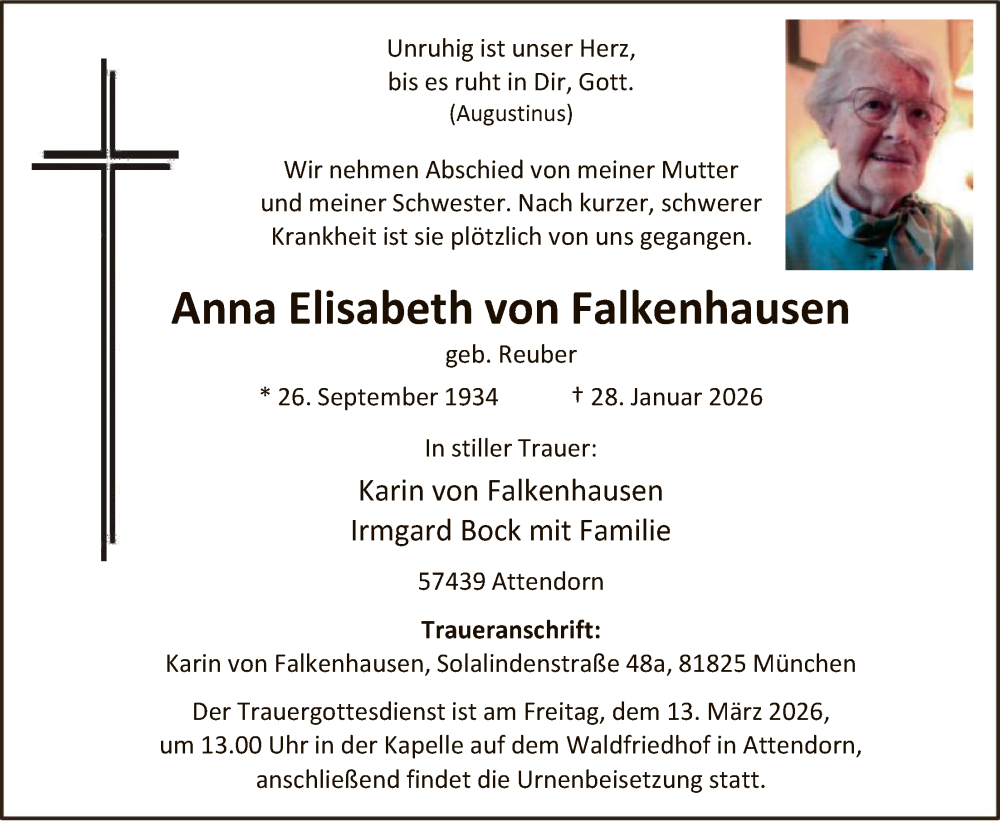 Traueranzeige für Anna Elisabeth von Falkenhausen vom 28.02.2026 aus HASK