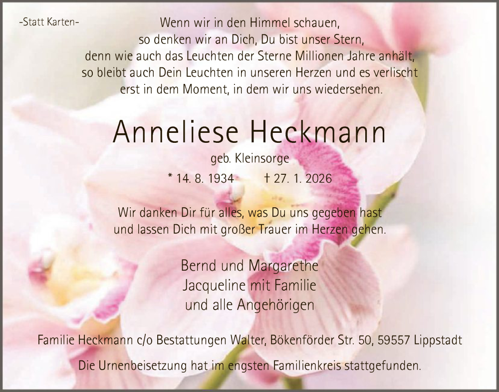  Traueranzeige für Anneliese Heckmann vom 21.02.2026 aus HASK