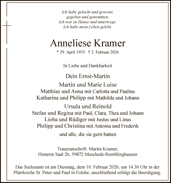 Traueranzeige von Anneliese Kramer von HASK