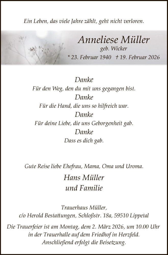  Traueranzeige für Anneliese Müller vom 25.02.2026 aus HASO