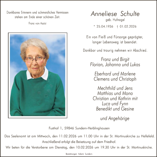 Traueranzeige von Anneliese Schulte von HASK