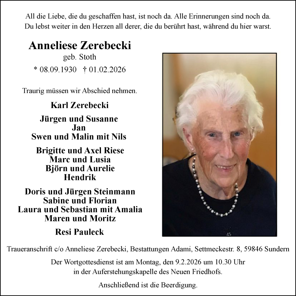  Traueranzeige für Anneliese Zerebecki vom 07.02.2026 aus HASK