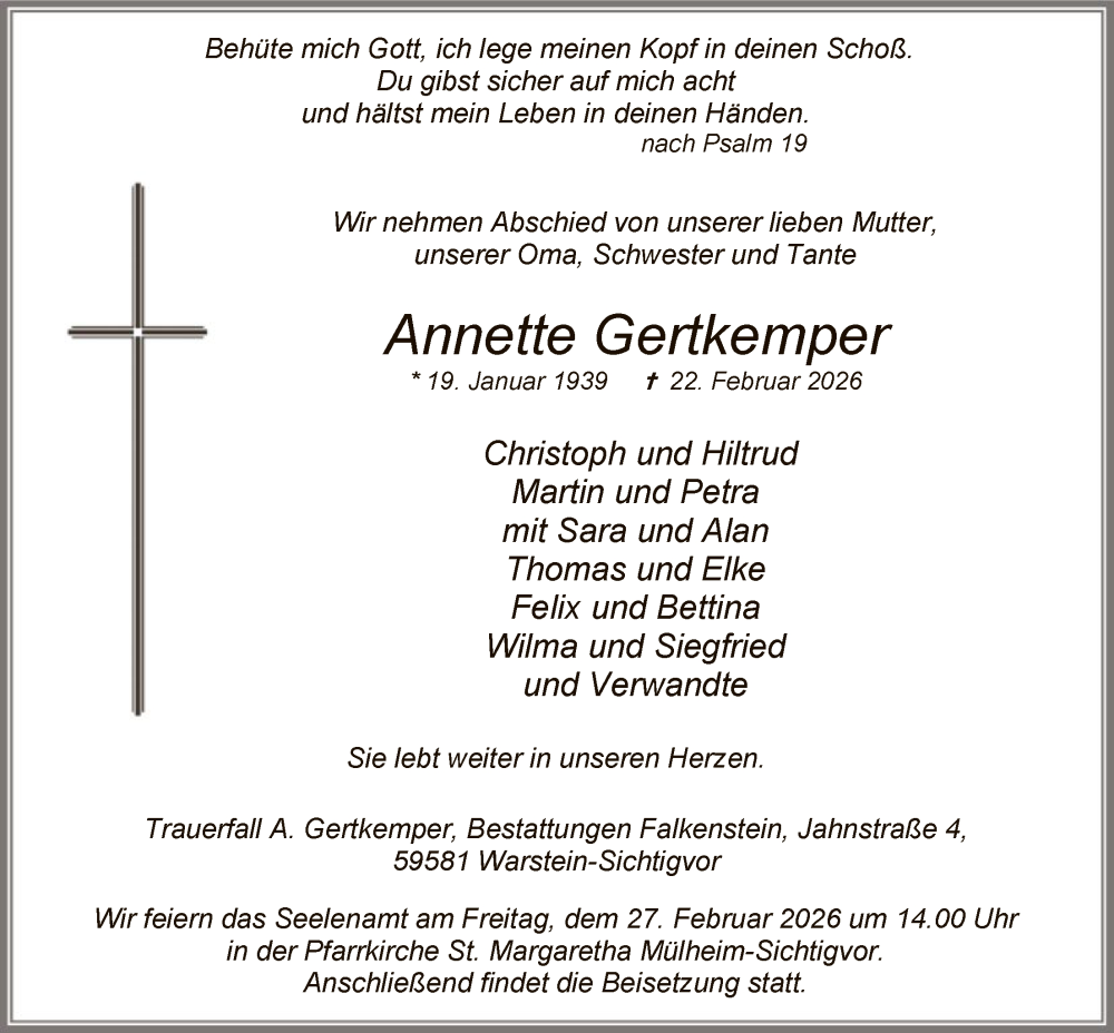  Traueranzeige für Annette Gertkemper vom 25.02.2026 aus HASO