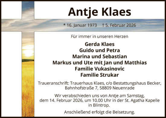 Traueranzeige von Antje Klaes von HALN