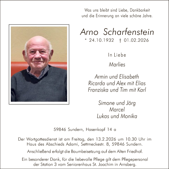 Traueranzeige von Arno Scharfenstein von HASK
