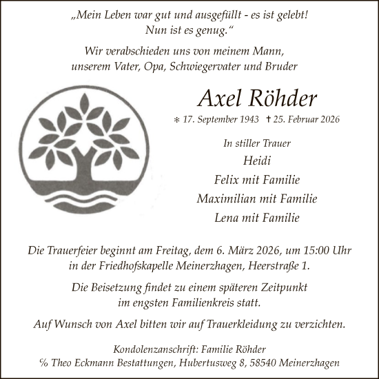 Traueranzeige von Axel Röhder von HALN
