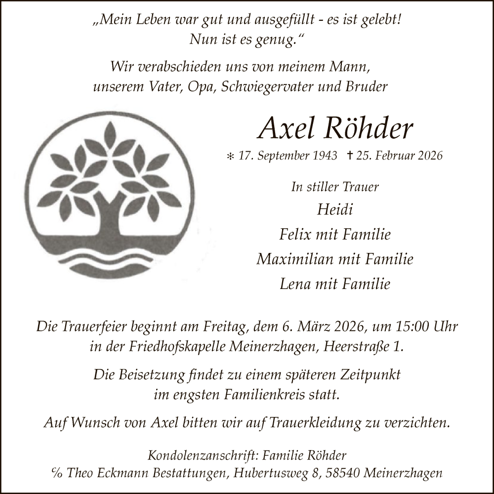  Traueranzeige für Axel Röhder vom 28.02.2026 aus HALN