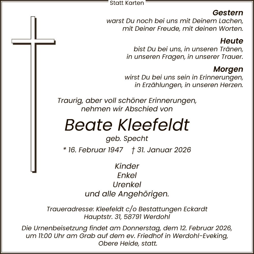  Traueranzeige für Beate Kleefeldt vom 07.02.2026 aus HALN