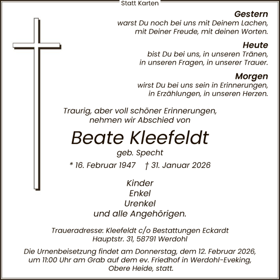 Traueranzeige von Beate Kleefeldt von HALN