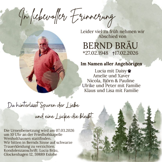 Traueranzeige von Bernd Bräu von HASK