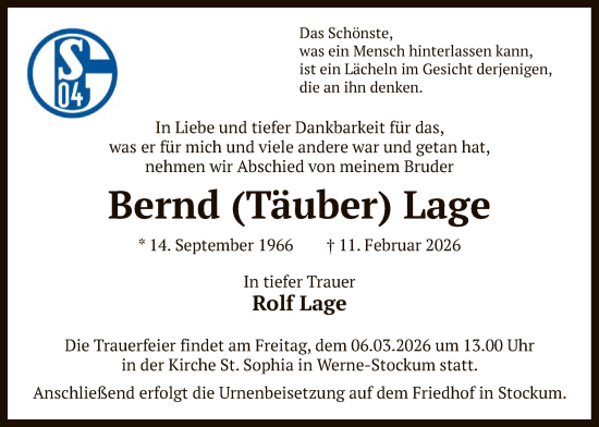 Traueranzeige von Bernd Lage von HAWA