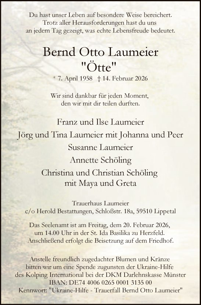  Traueranzeige für Bernd Otto Laumeier vom 18.02.2026 aus HASO
