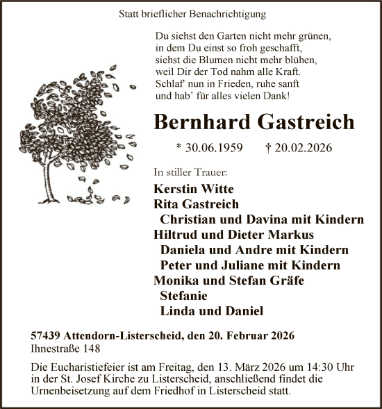 Traueranzeige von Bernhard Gastreich von HASK