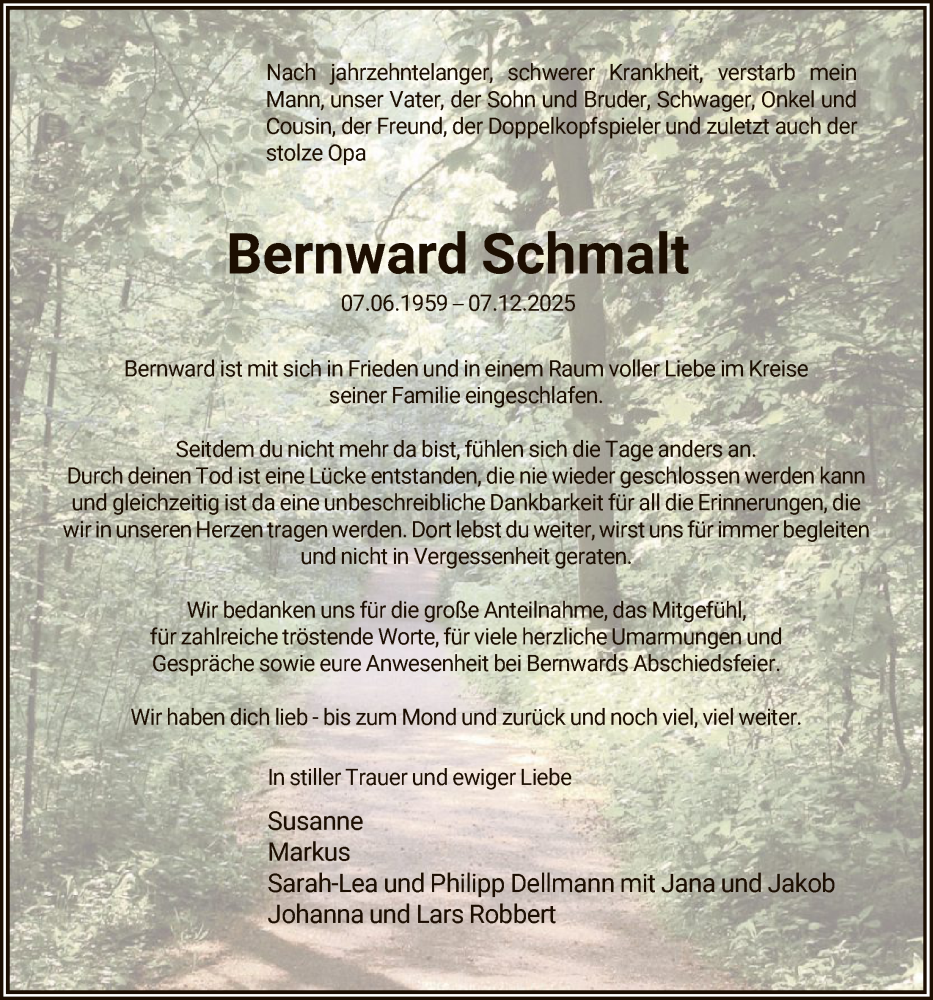  Traueranzeige für Bernward Schmalt vom 07.02.2026 aus HASK