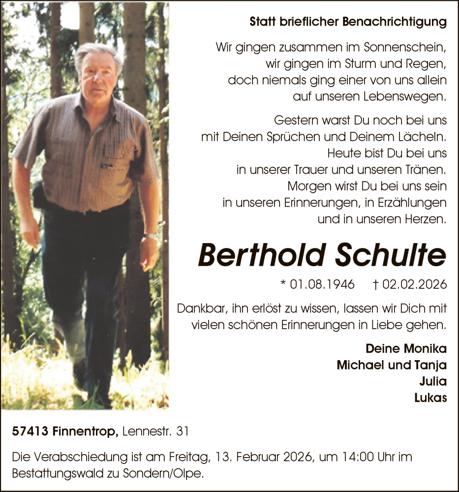  Traueranzeige für Berthold Schulte vom 07.02.2026 aus HASK