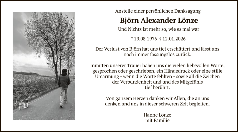  Traueranzeige für Björn Alexander Lönze vom 28.02.2026 aus HASK
