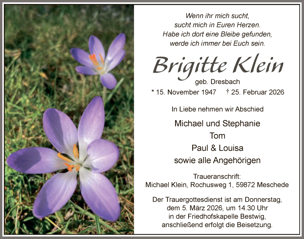  Traueranzeige für Brigitte Klein vom 28.02.2026 aus HASK