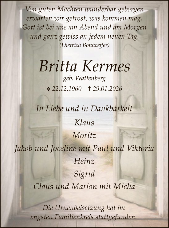 Traueranzeige von Britta Kermes von HALN