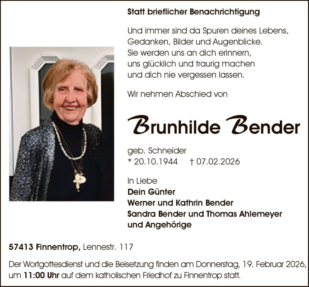  Traueranzeige für Brunhilde Bender vom 14.02.2026 aus HASK