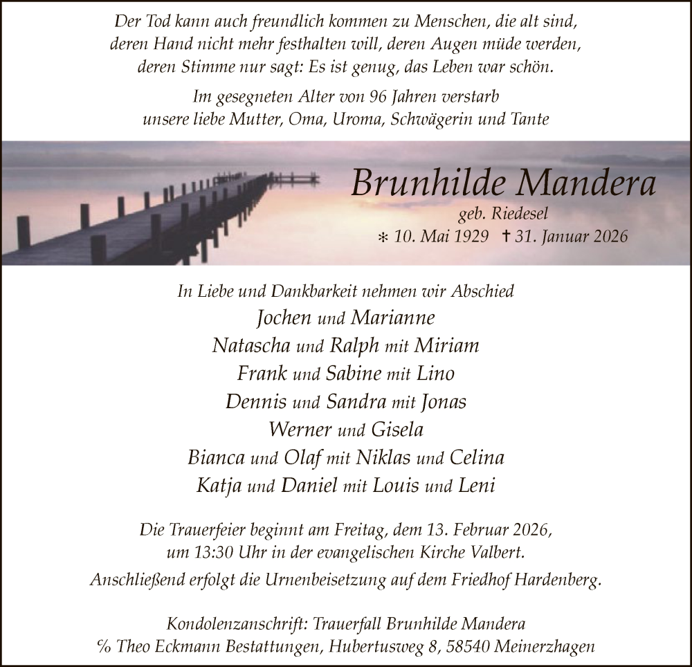  Traueranzeige für Brunhilde Mandera vom 07.02.2026 aus HALN