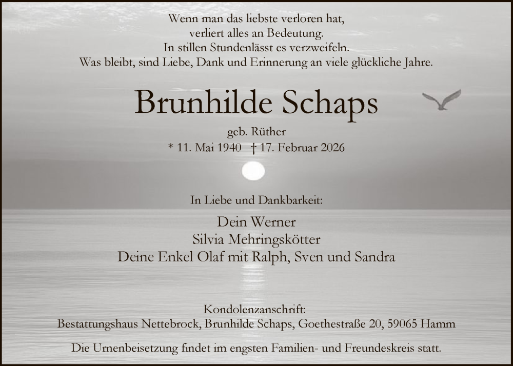  Traueranzeige für Brunhilde Schaps vom 21.02.2026 aus HAWA