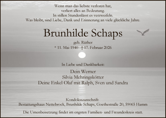 Traueranzeige von Brunhilde Schaps von HAWA