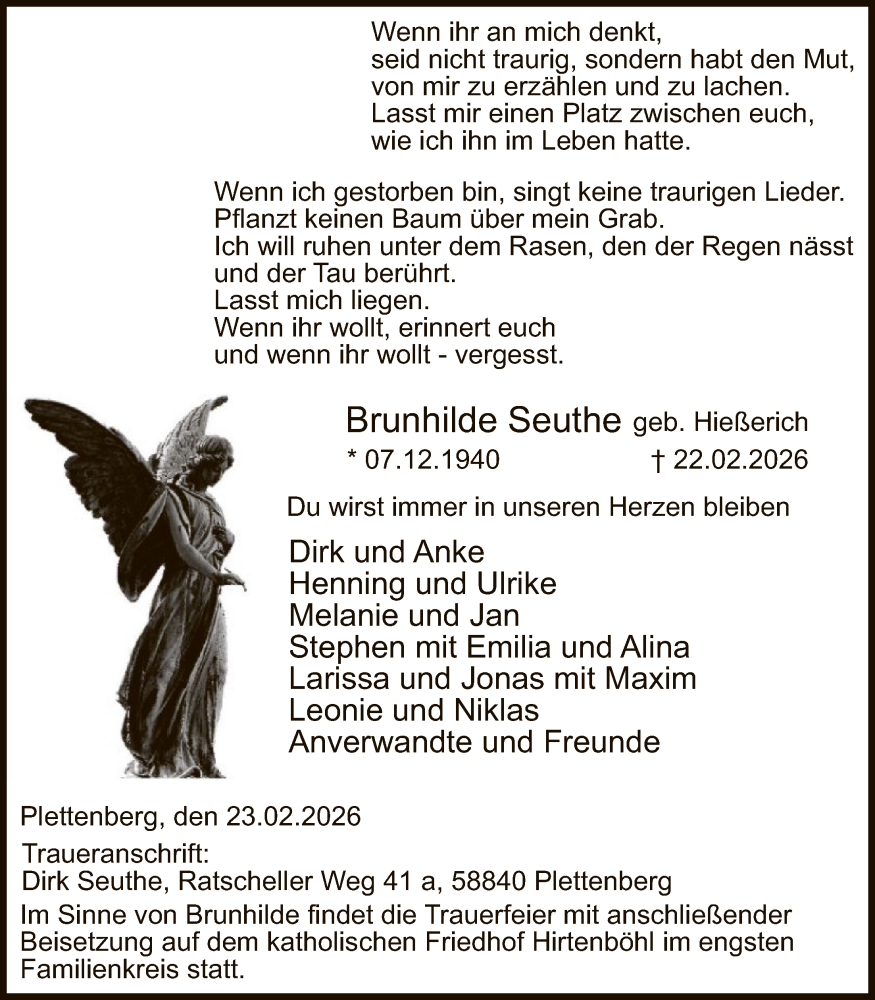  Traueranzeige für Brunhilde Seuthe vom 25.02.2026 aus HALN