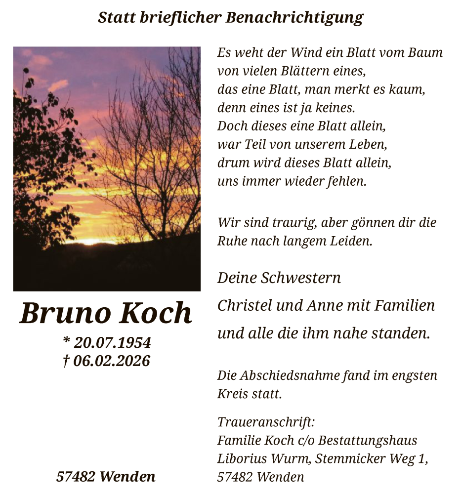  Traueranzeige für Bruno Koch vom 14.02.2026 aus HASK
