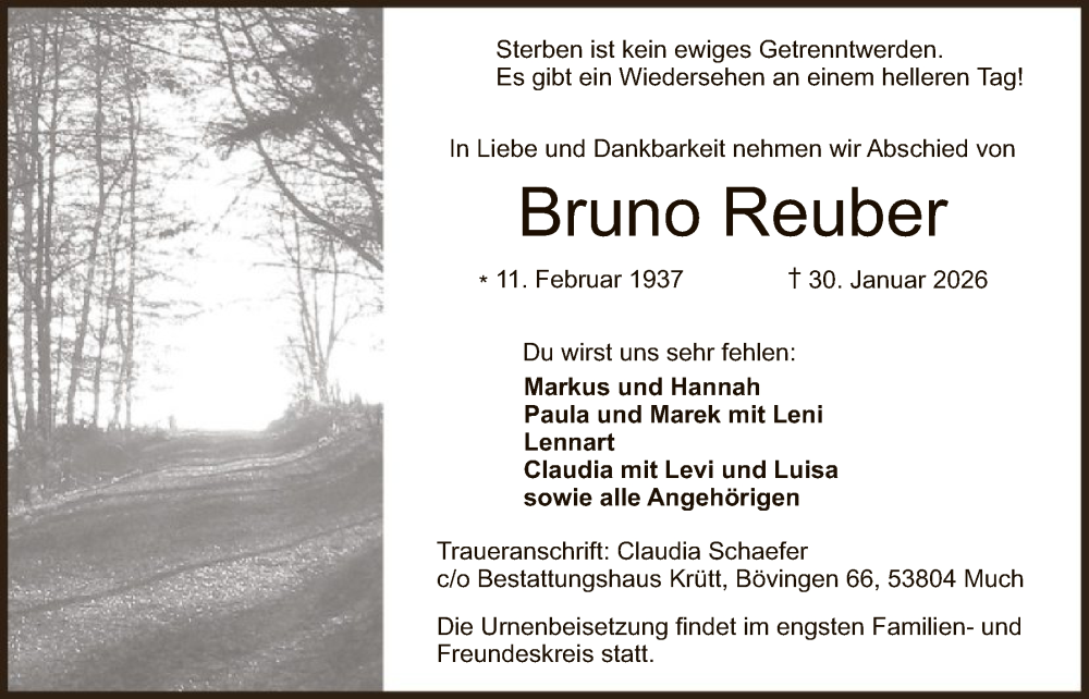  Traueranzeige für Bruno Reuber vom 14.02.2026 aus HASK
