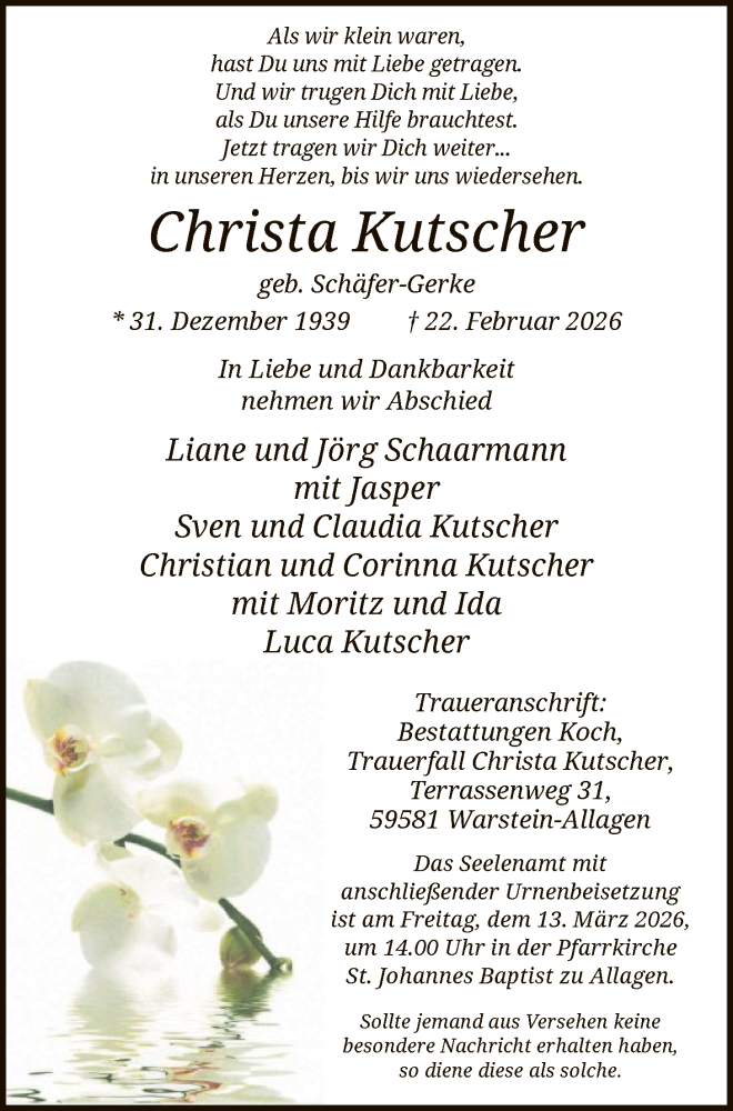  Traueranzeige für Christa Kutscher vom 27.02.2026 aus HASO