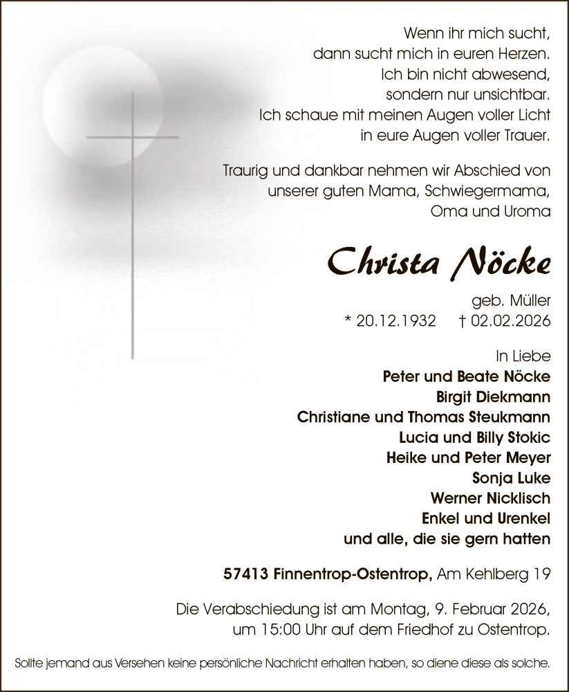  Traueranzeige für Christa Nöcke vom 07.02.2026 aus HASK