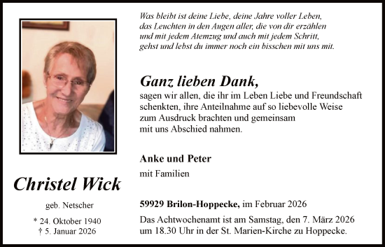 Traueranzeige von Christel Wick von HASK