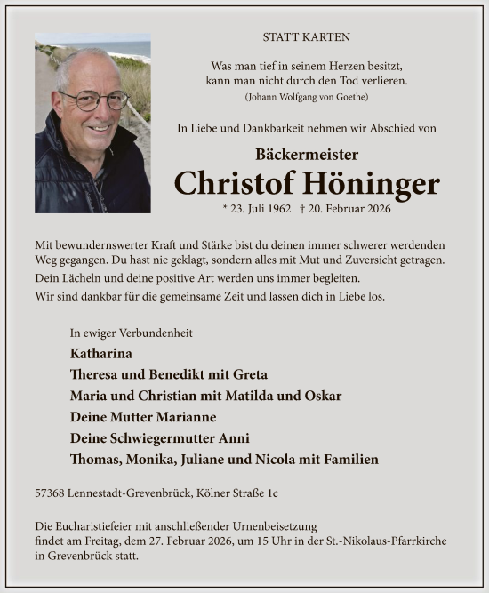 Traueranzeige von Christof Höninger von HASK