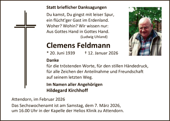 Traueranzeige von Clemens Feldmann von HASK