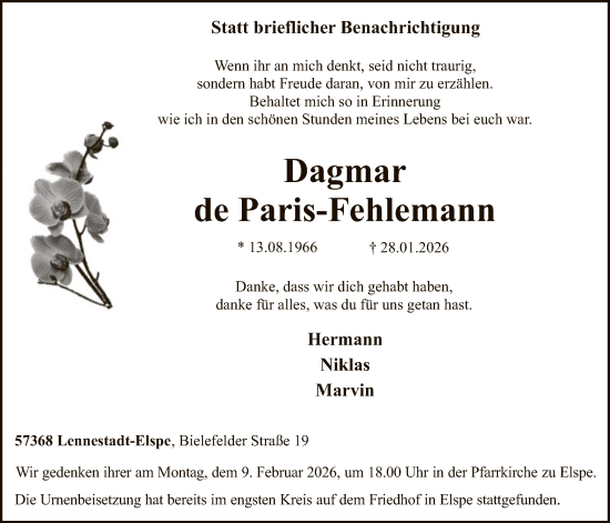 Traueranzeige von Dagmar de Paris-Fehlemann von HASK