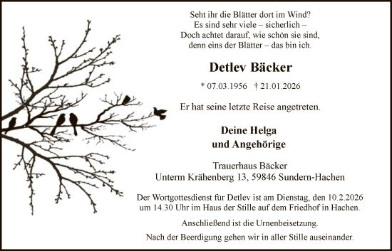 Traueranzeige von Detlev Bäcker von HASK