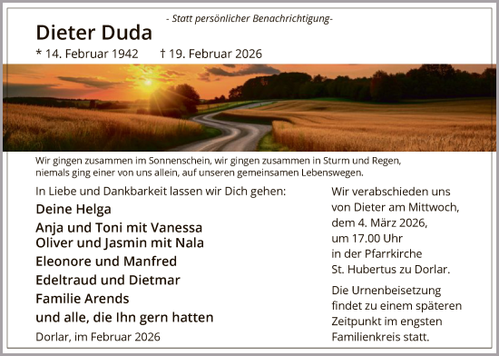 Traueranzeige von Dieter Duda von HASK