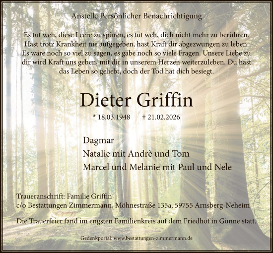 Traueranzeige von Dieter Griffin von HASK
