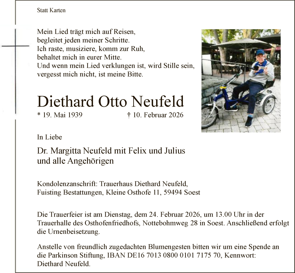  Traueranzeige für Diethard Otto Neufeld vom 14.02.2026 aus HASO