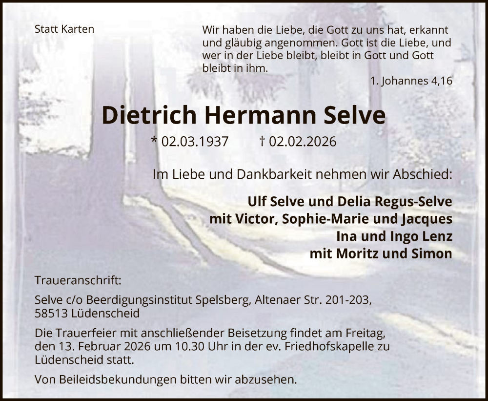  Traueranzeige für Dietrich Hermann Selve vom 07.02.2026 aus HALN