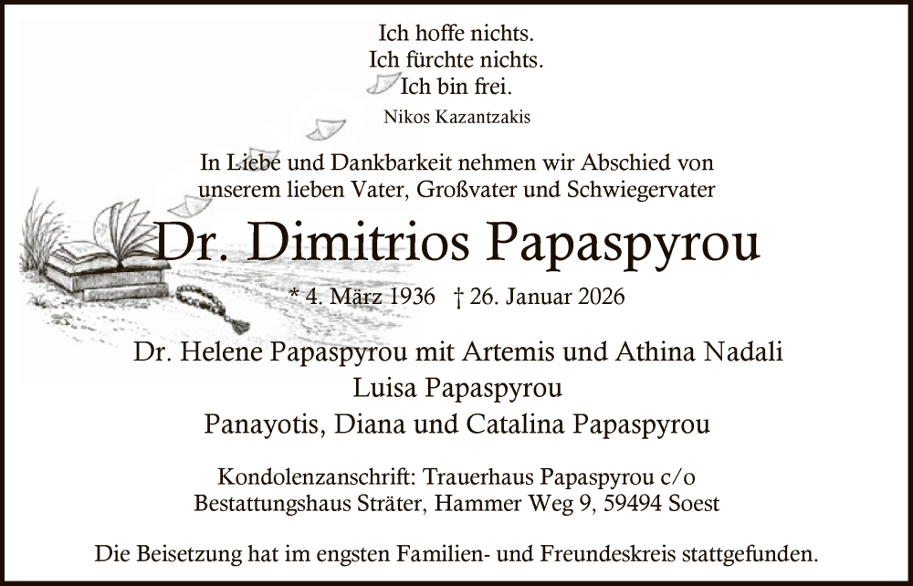  Traueranzeige für Dimitrios Papaspyrou vom 14.02.2026 aus HASO
