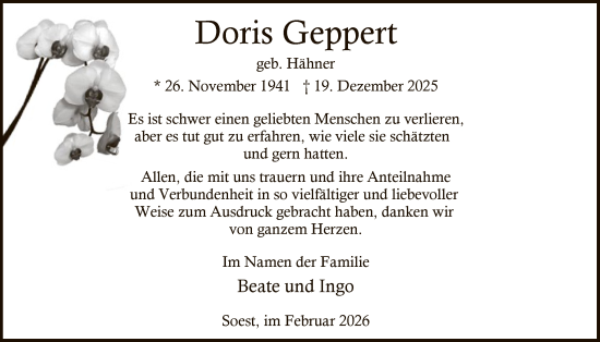 Traueranzeige von Doris Geppert von HASO