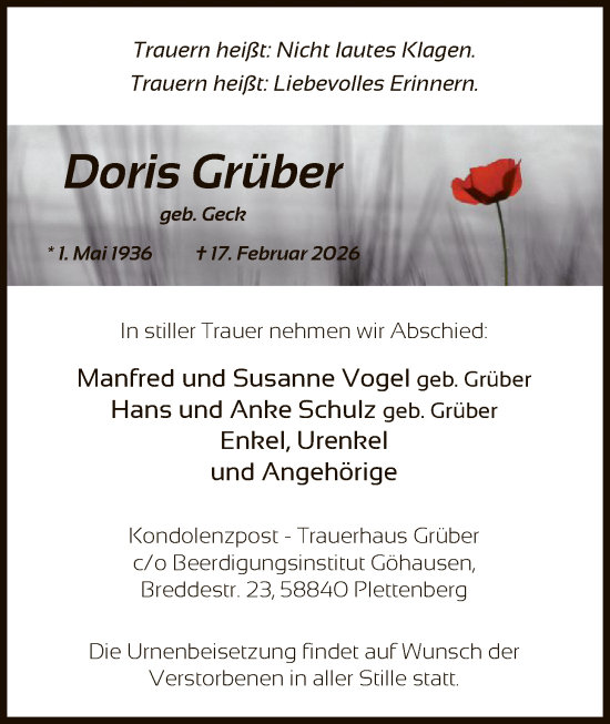 Traueranzeige von Doris Grüber von HALN