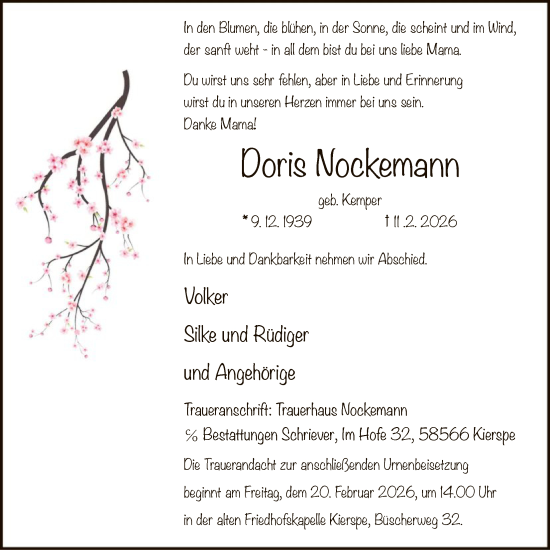 Traueranzeige von Doris Nockemann von HALN